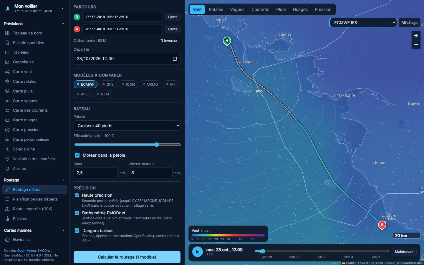Noroît: optimal route from Lorient to Les Sables-d’Olonne, colored by wind, with isochrones
